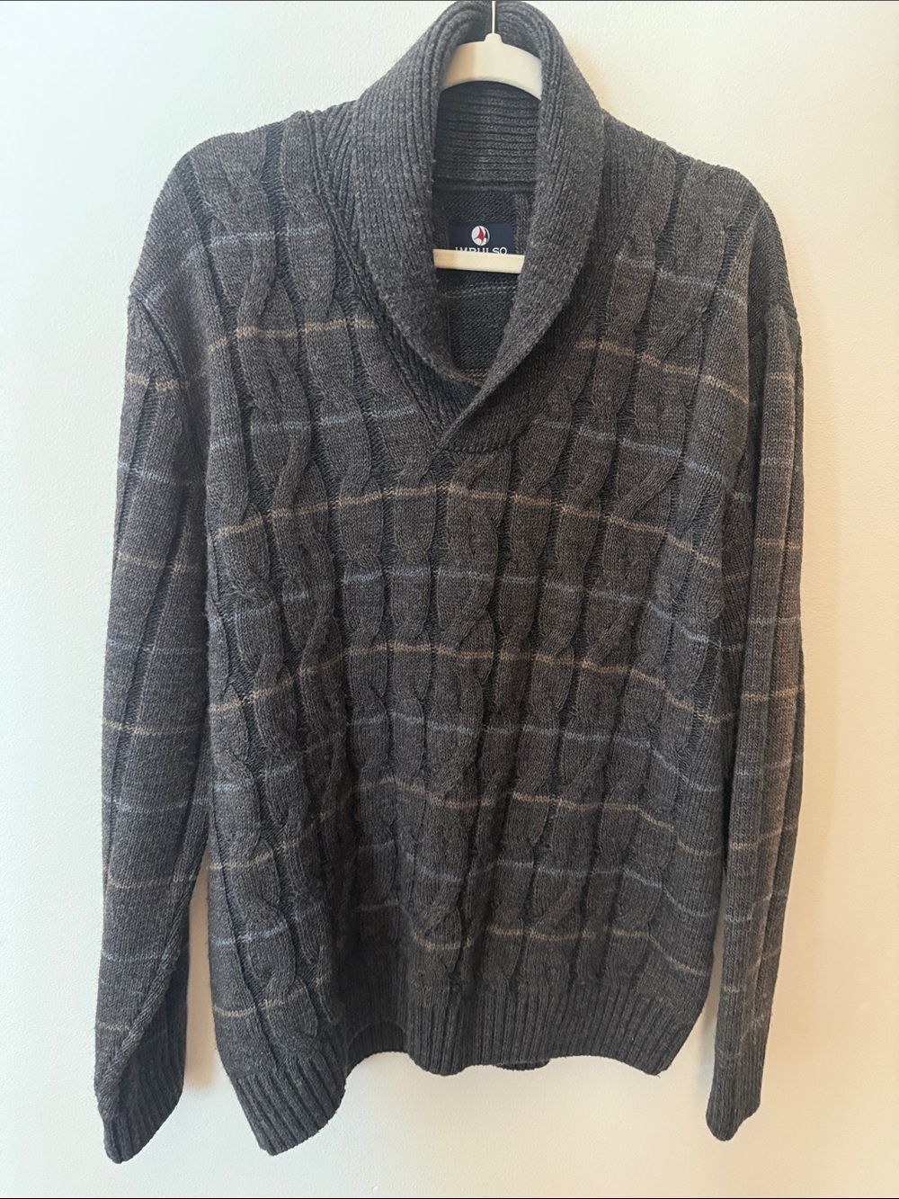 Men's Brown Shawl Turtleneck Cable-Windowpane Sweater